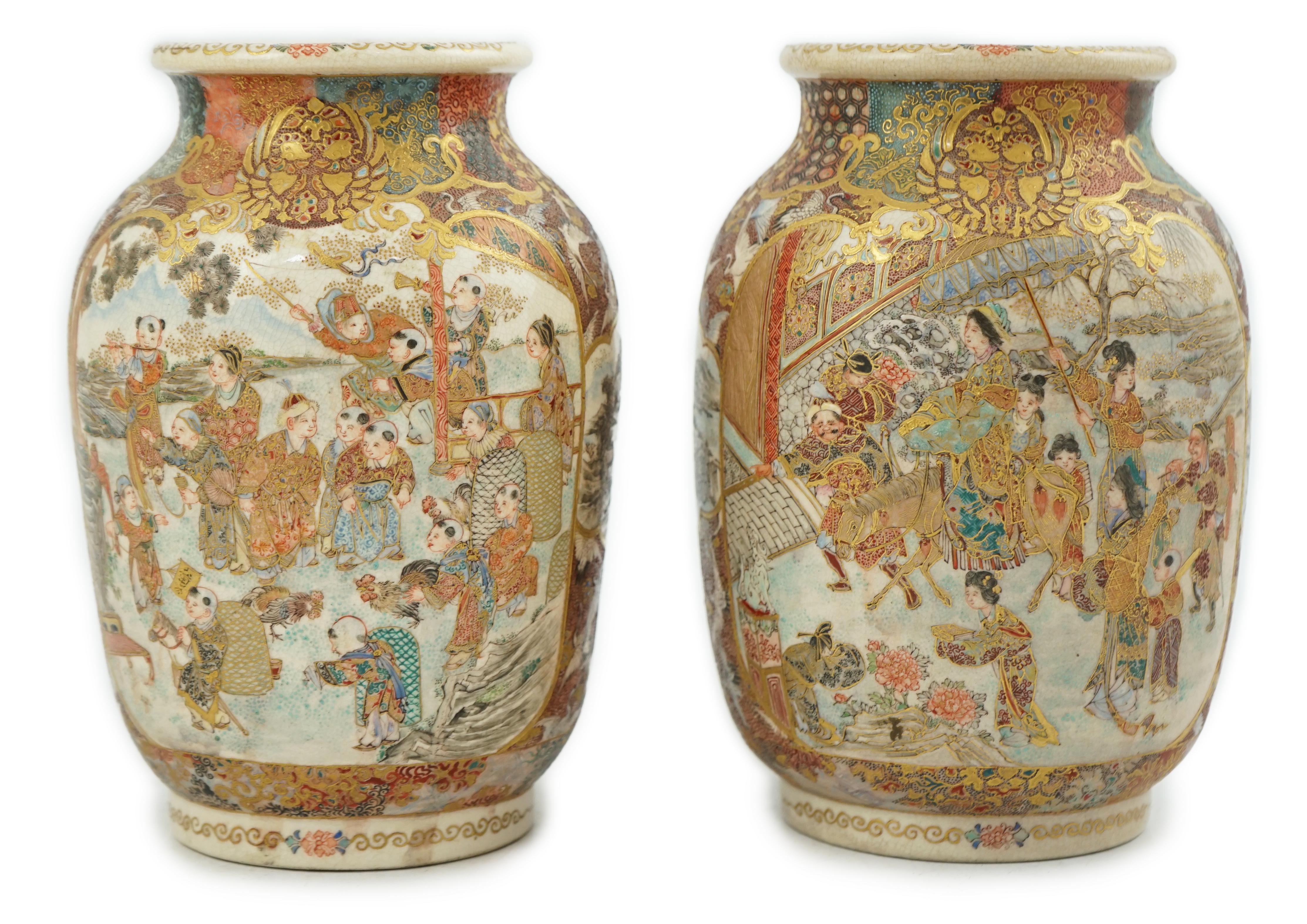 A pair of Japanese Satsuma 'boys' ovoid vases, Meiji period